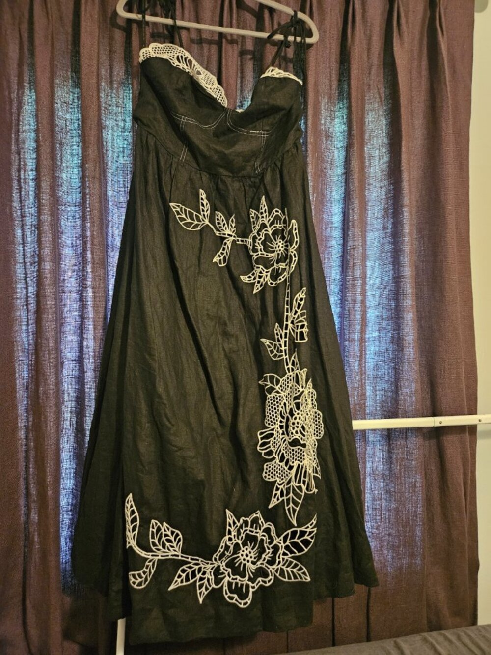 Black Richelieu Lace Euroflax™ Premium Linen Midi Dress - Picture 2 of 8
